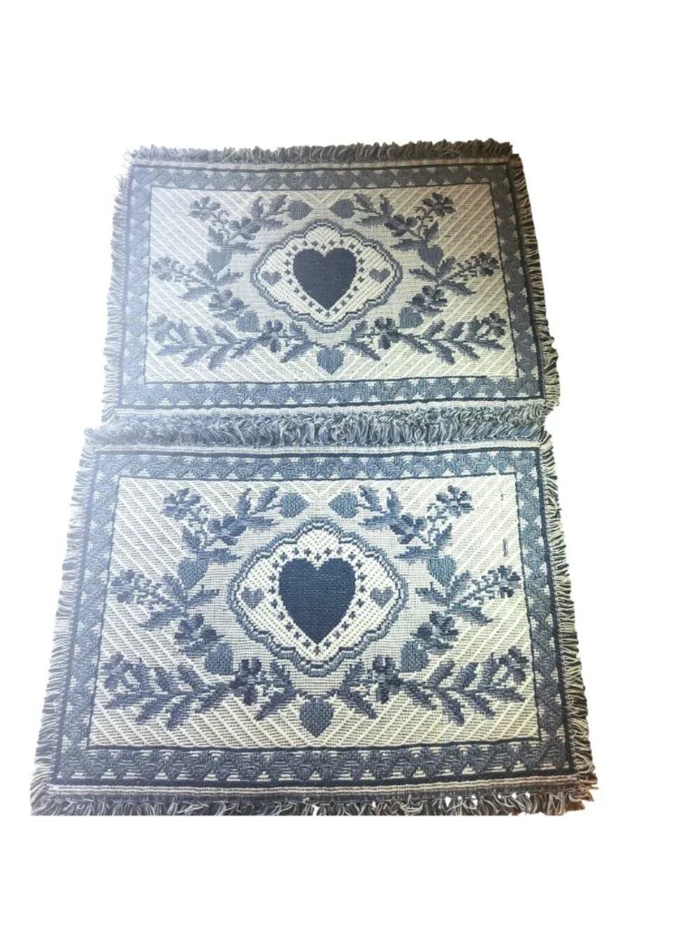 Set Of 2 placemats Blue White Heart Floral Woven Fringe cottagecore grannycore